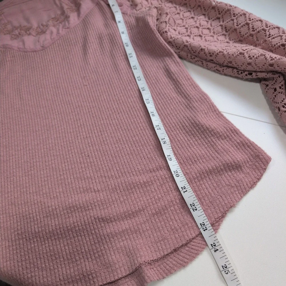Free People Crochet‎ Lace Sleeve Waffle Knit Thermal Top Pink Embroidered Small
